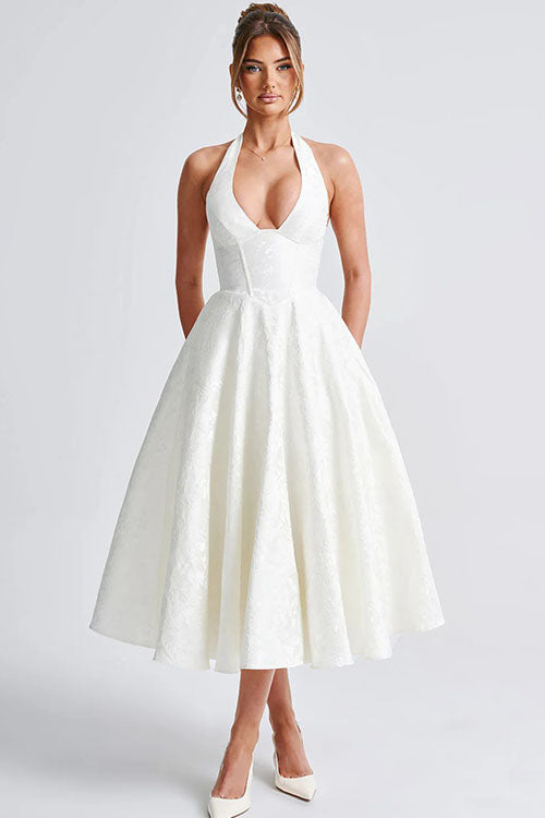 Women's Halter Neck Dress with Deep V-Front and Flared Skirt