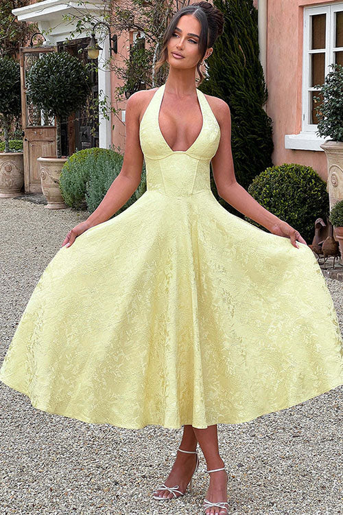 Women's Halter Neck Dress with Deep V-Front and Flared Skirt