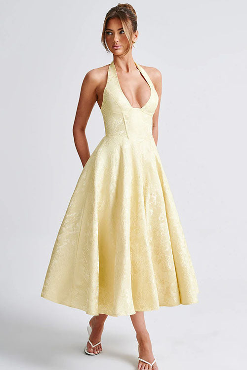 Women's Halter Neck Dress with Deep V-Front and Flared Skirt