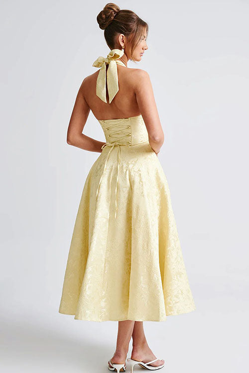 Women's Halter Neck Dress with Deep V-Front and Flared Skirt