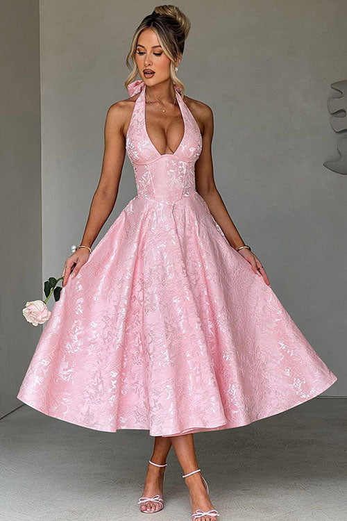 Women's Halter Neck Dress with Deep V-Front and Flared Skirt