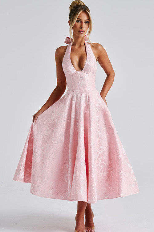 Women's Halter Neck Dress with Deep V-Front and Flared Skirt