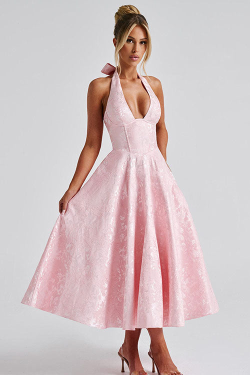 Women's Halter Neck Dress with Deep V-Front and Flared Skirt