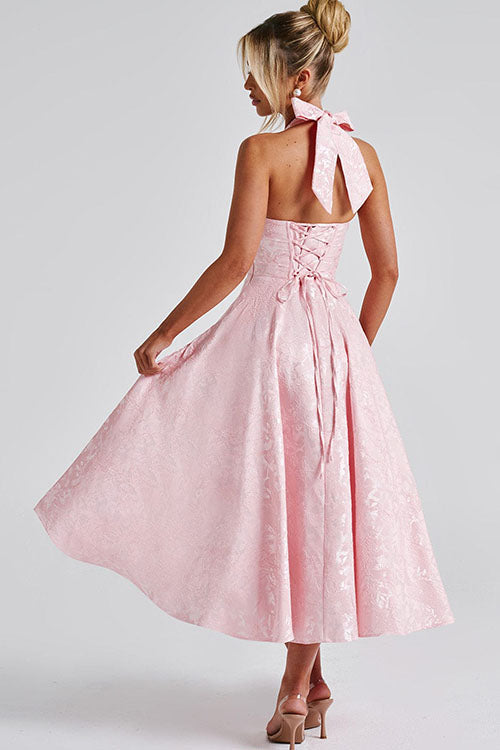 Women's Halter Neck Dress with Deep V-Front and Flared Skirt