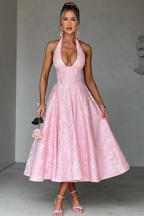 Women's Halter Neck Dress with Deep V-Front and Flared Skirt