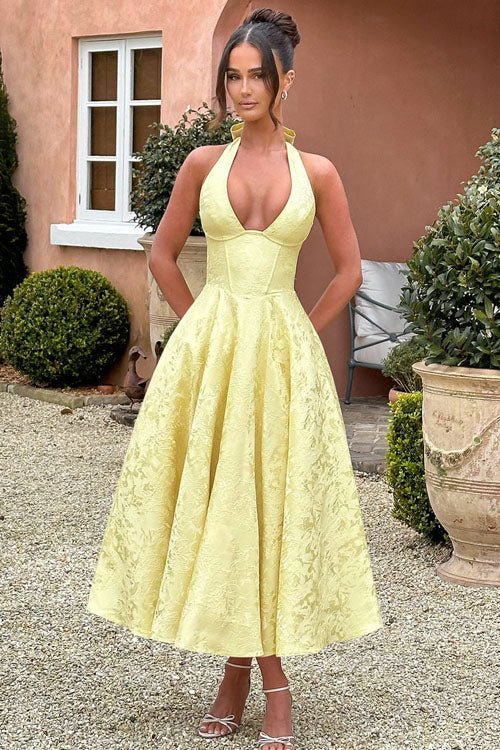 Women's Halter Neck Dress with Deep V-Front and Flared Skirt