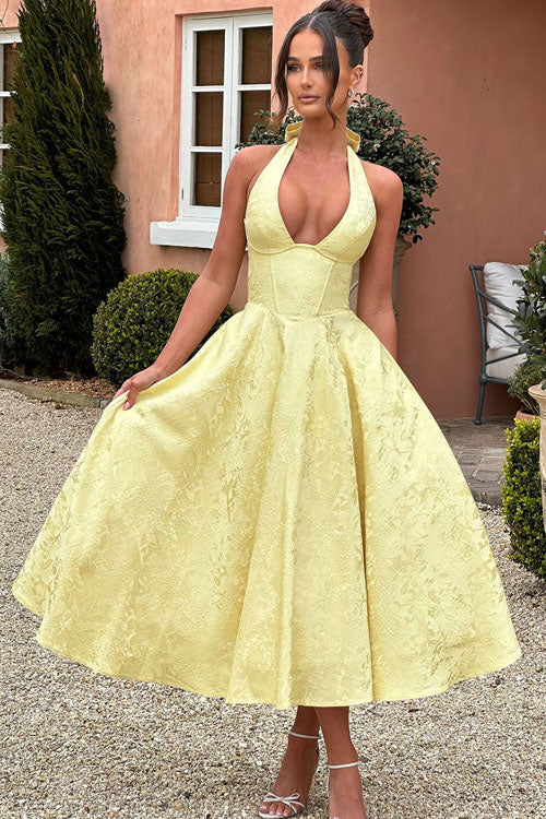 Women's Halter Neck Dress with Deep V-Front and Flared Skirt