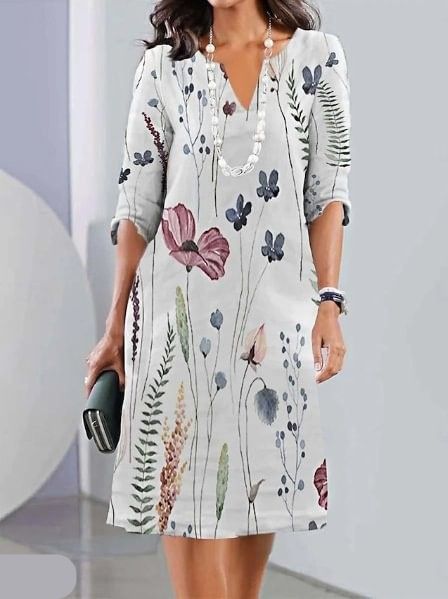 Women's Floral Printed Midi Dress with Loose A-Line Fit