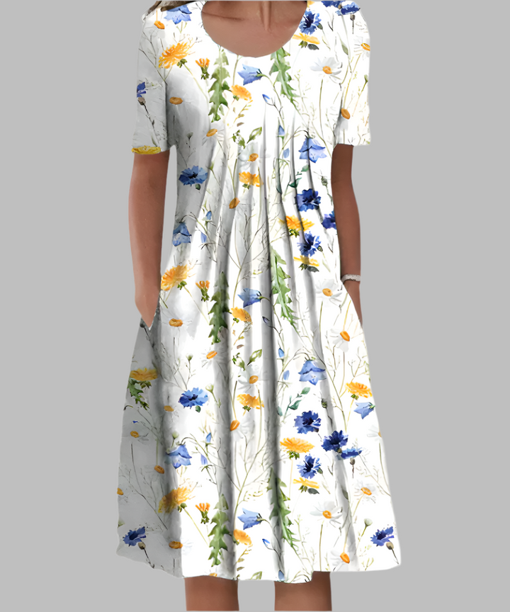 Women's Floral Printed Midi Dress with Gathered Pockets