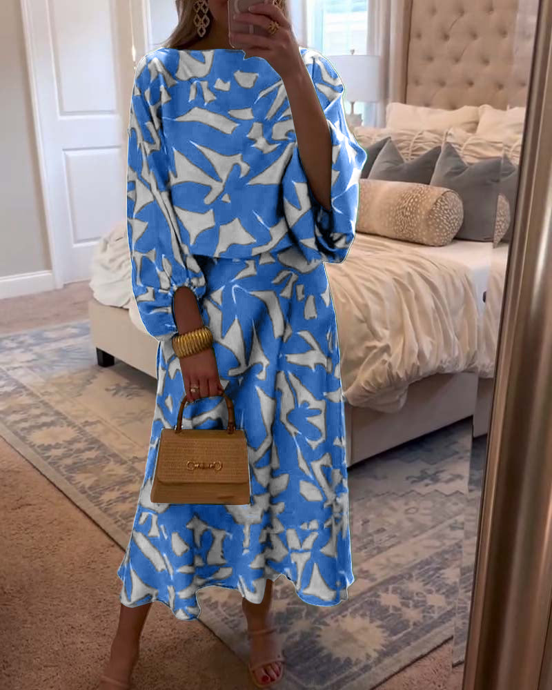 Women's Printed Long Sleeve Top and Midi Skirt Set