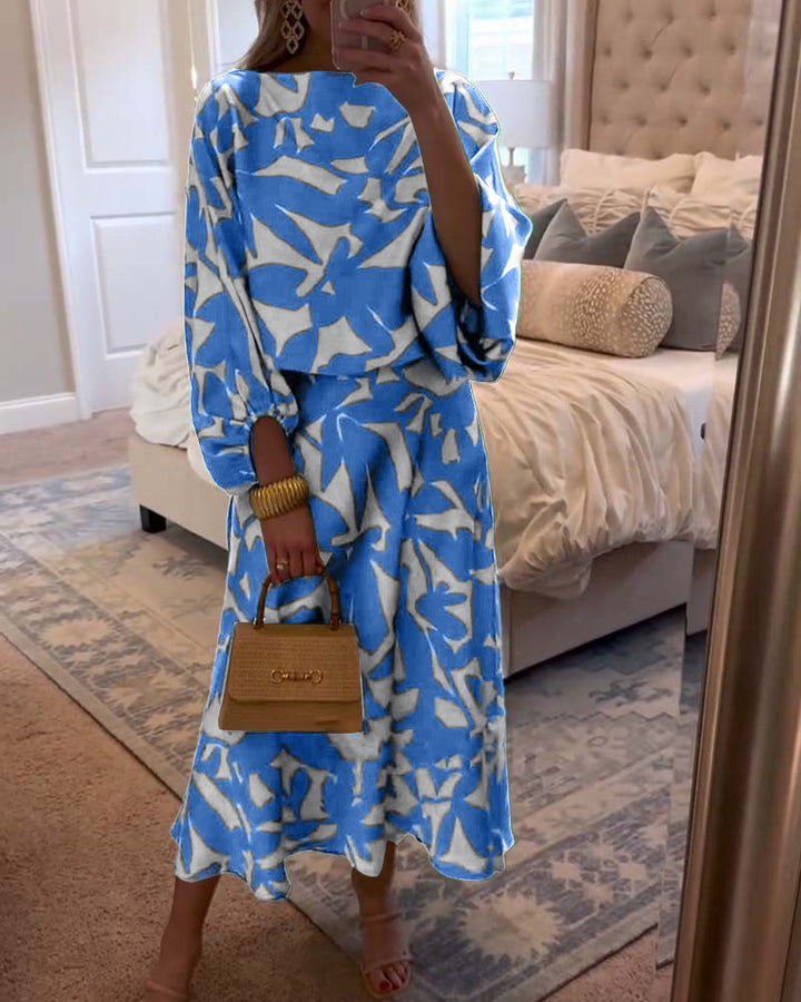 Women's Printed Long Sleeve Top and Midi Skirt Set