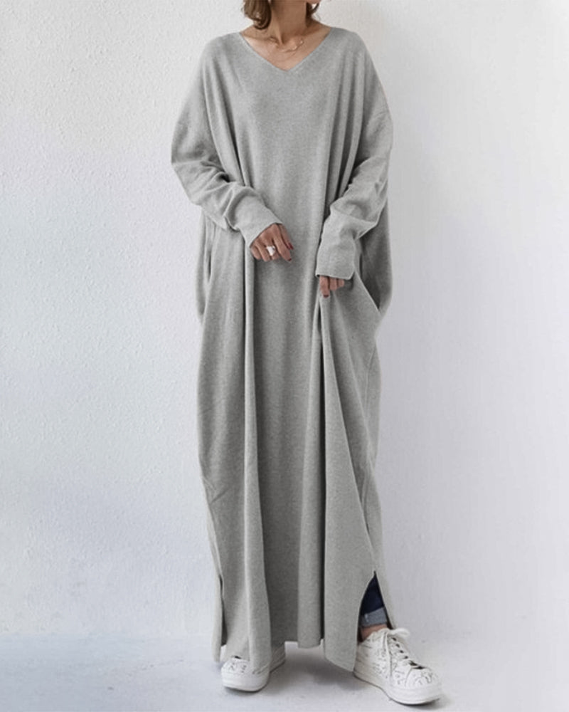 Women's Oversized Maxi Dress with V-Neck Long Sleeves