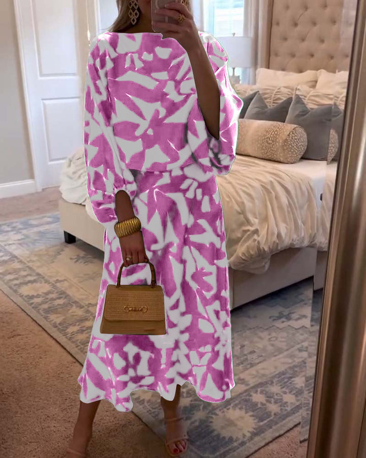 Women's Printed Long Sleeve Top and Midi Skirt Set