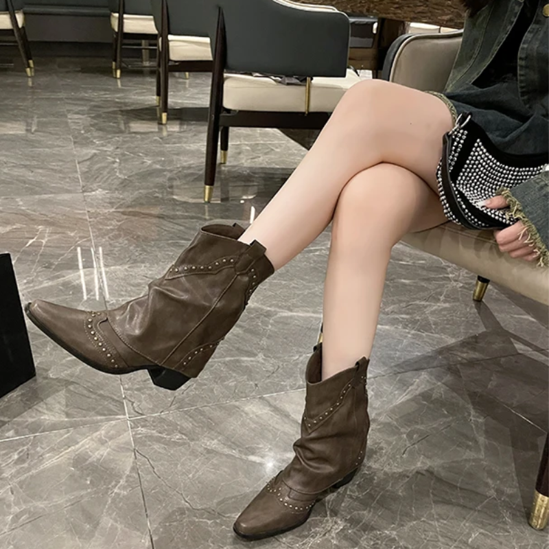 Women's Ankle Boots with Low Heel and Studded Detail