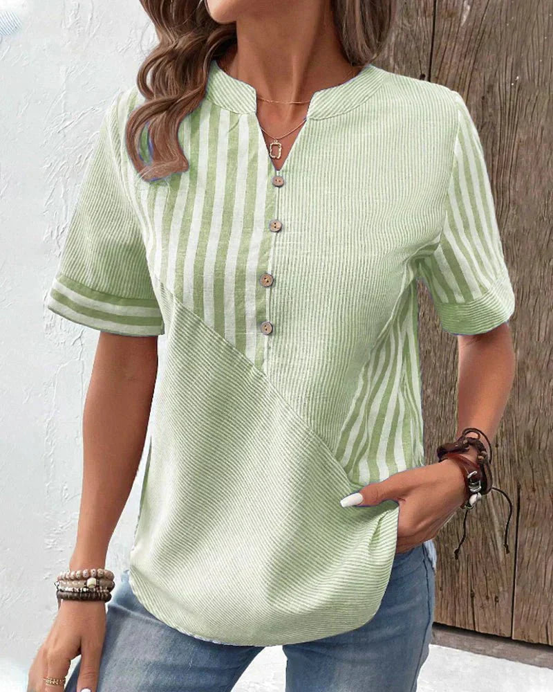 Women's Patchwork Stripe Blouse with Button Front
