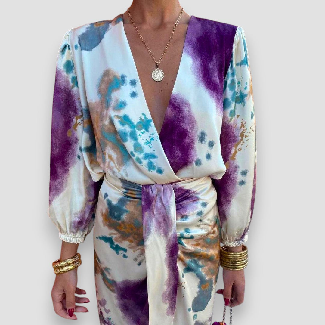 Women's Printed Wrap Midi Dress with Tie Waist