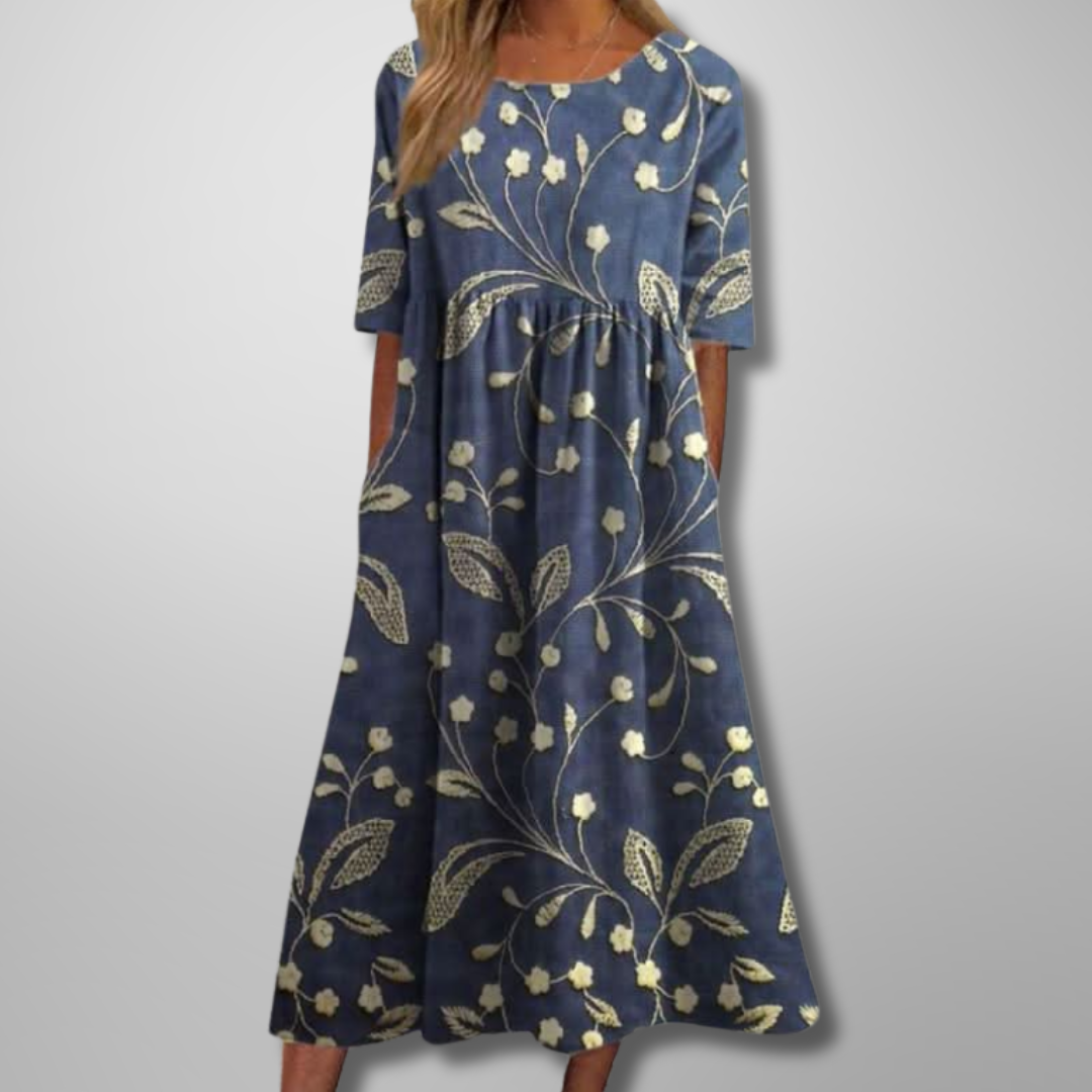 Women's Botanical Printed Midi Dress with Gathered Waist