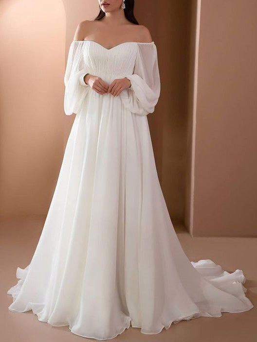 Romantic Off-Shoulder Long Sleeve White Wedding Dress for Wedding | StylebySassy