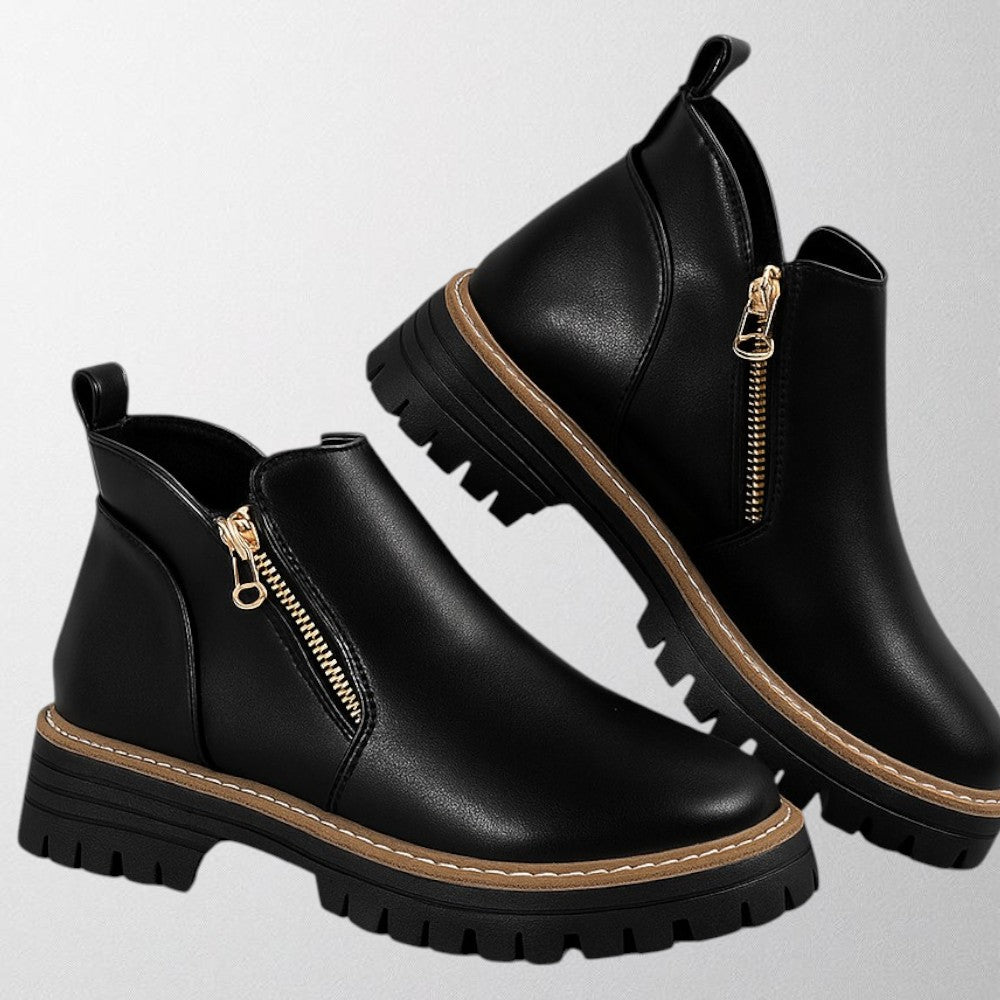 Women's Black Ankle Boots with Side Zip Lug Sole
