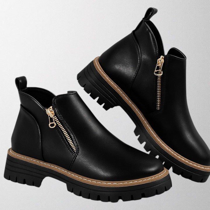 Women's Black Ankle Boots with Side Zip Lug Sole