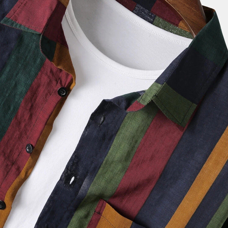 Men's casual linen shirt with vertical block stripes and a breast pocket StylebySassy