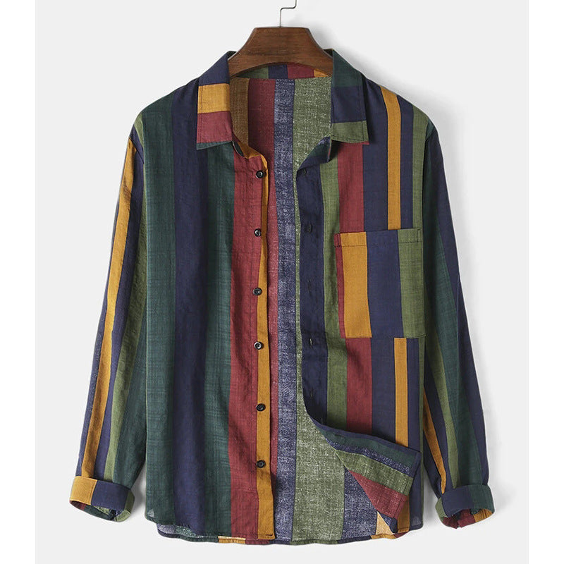 Men's casual linen shirt with vertical block stripes and a breast pocket StylebySassy