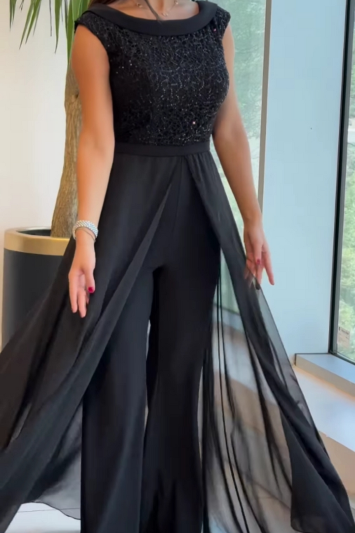 Women’s Sleeveless Jumpsuit with Sequin Overlay Skirt