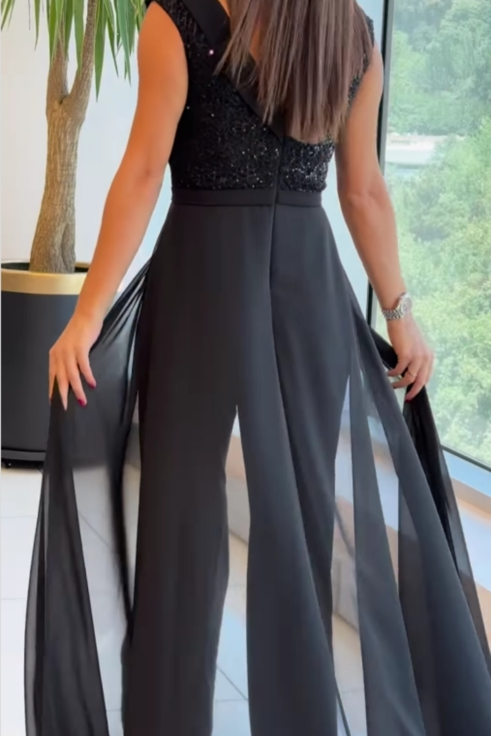 Women’s Sleeveless Jumpsuit with Sequin Overlay Skirt