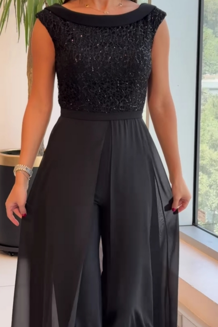 Women’s Sleeveless Jumpsuit with Sequin Overlay Skirt