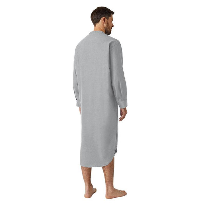 Men's long loose shirt with stand-up collar, chest pocket, and curved hem StylebySassy