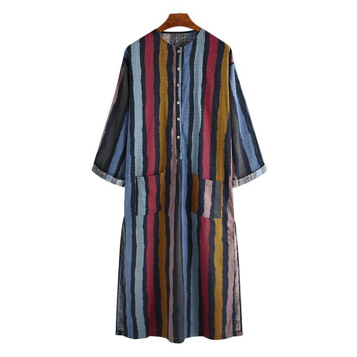 Men's ankle-length striped linen blend kaftan with stand-up collar and patch waist pockets StylebySassy