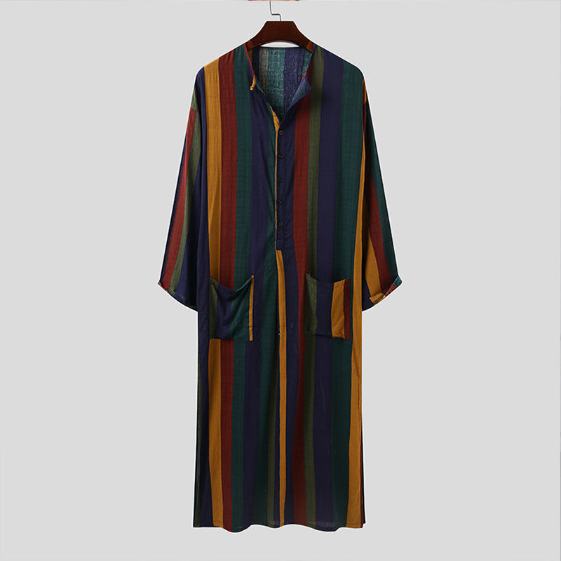 Men's ankle-length striped linen blend kaftan with stand-up collar and patch waist pockets StylebySassy