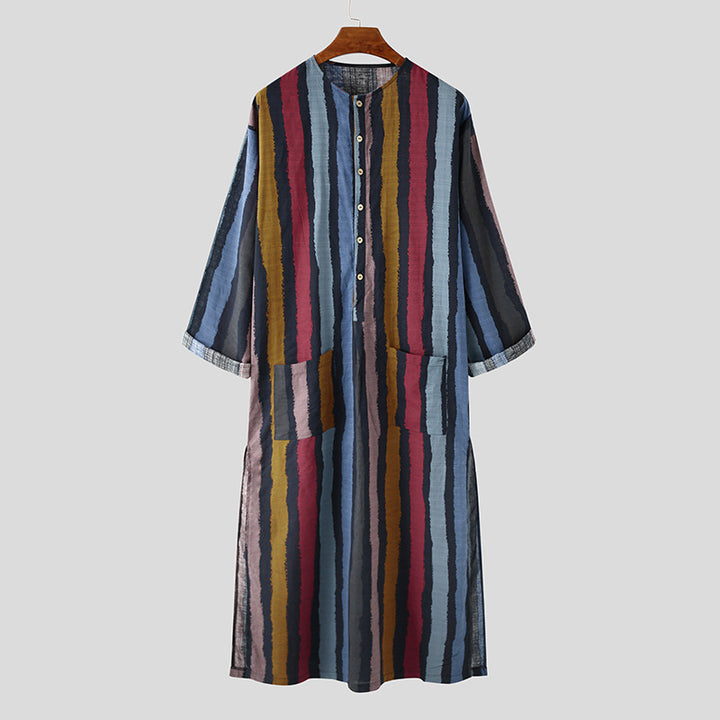 Men's ankle-length striped linen blend kaftan with stand-up collar and patch waist pockets StylebySassy