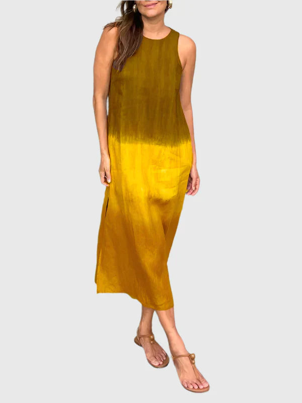 Women's Sleeveless Midi Dress with Round Neckline and Ombre Effect