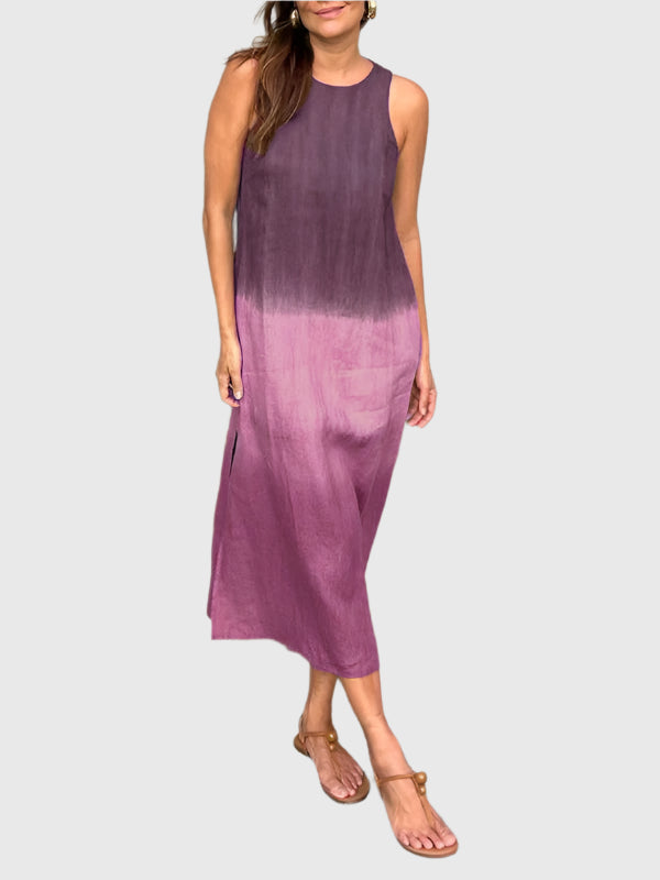 Women's Sleeveless Midi Dress with Round Neckline and Ombre Effect