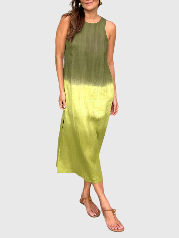 Women's Sleeveless Midi Dress with Round Neckline and Ombre Effect