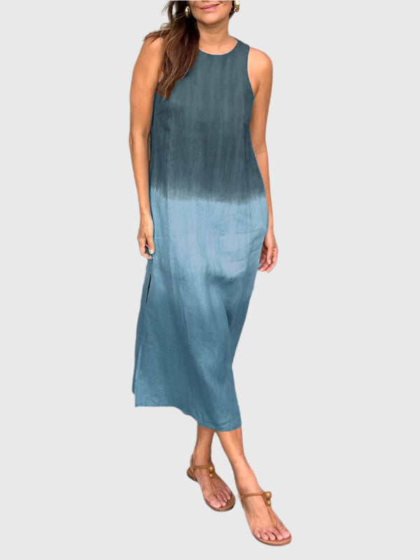 Women's Sleeveless Midi Dress with Round Neckline and Ombre Effect