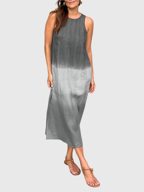 Women's Sleeveless Midi Dress with Round Neckline and Ombre Effect