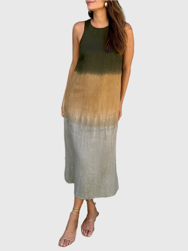 Women's Sleeveless Midi Dress with Round Neckline and Ombre Effect