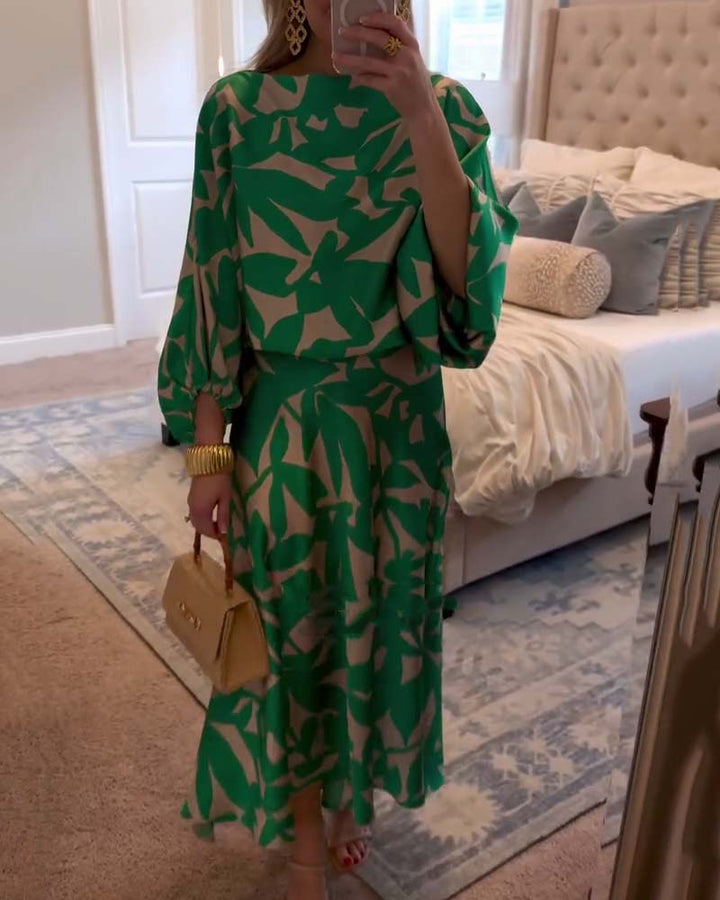 Women's Printed Long Sleeve Top and Midi Skirt Set