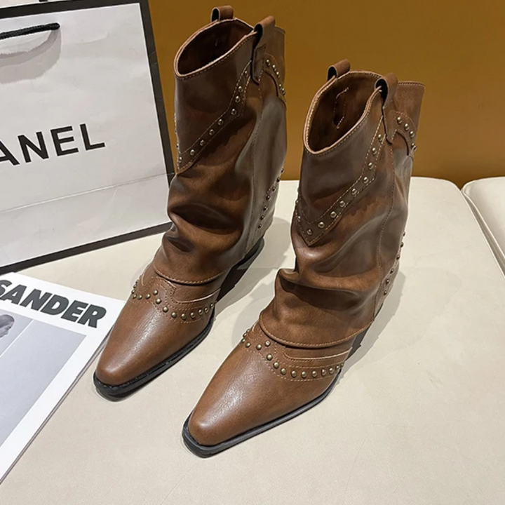 Women's Ankle Boots with Low Heel and Studded Detail