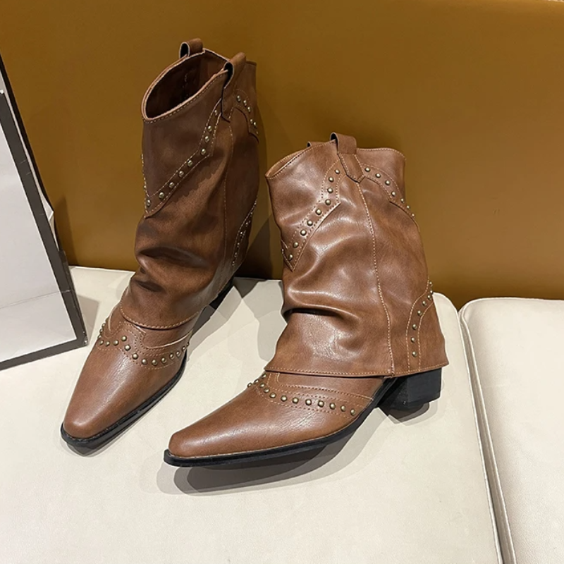 Women's Ankle Boots with Low Heel and Studded Detail