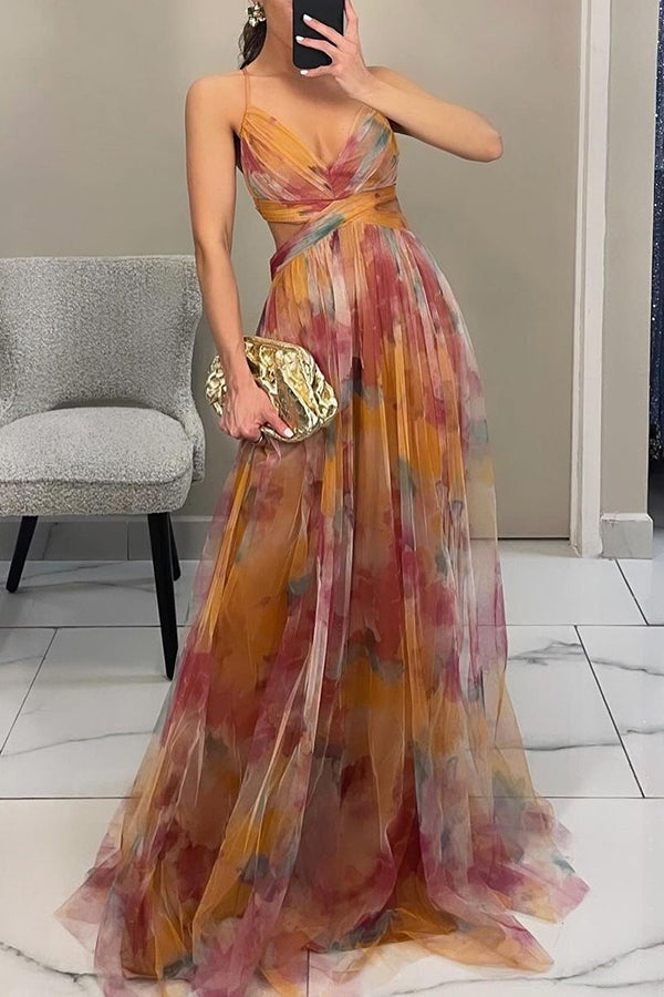 Women's Orange Printed Maxi Dress with Pleated Skirt