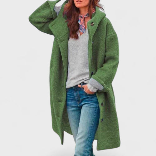 Women's Double Breasted Longline Coat with Button Front and Hood
