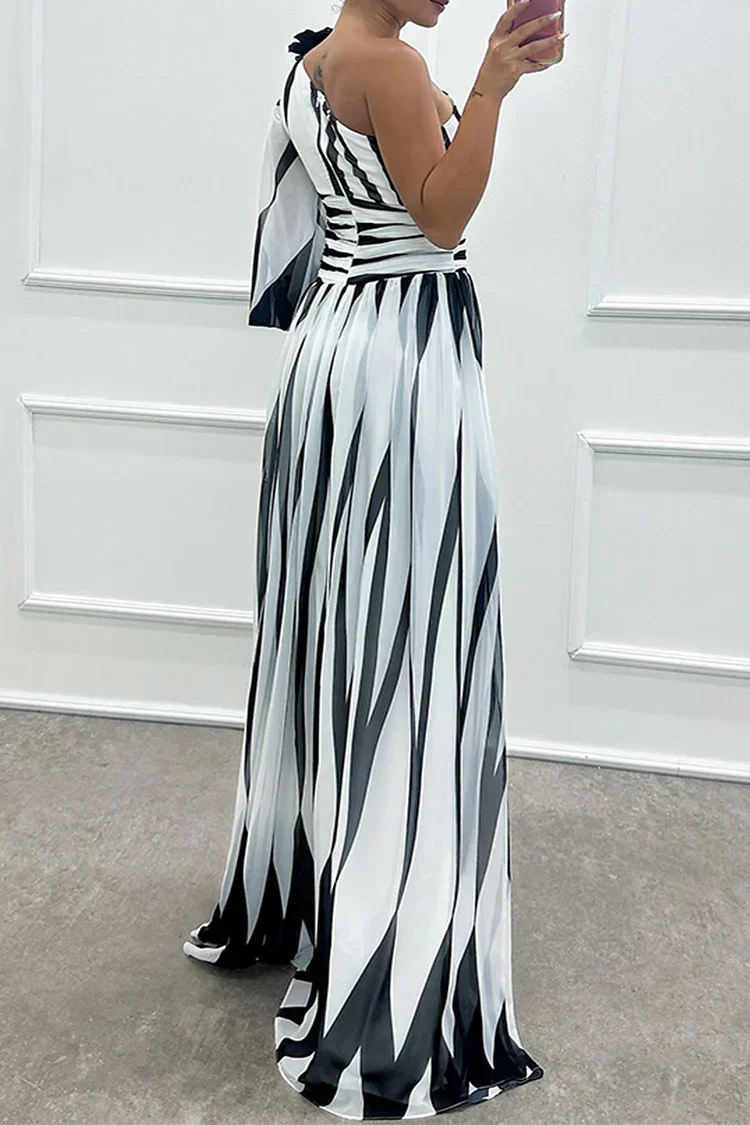 Women's One-Shoulder Maxi Dress with Single Long Sleeve Slit