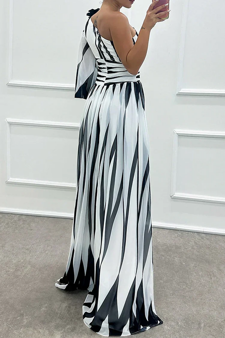 Women's One-Shoulder Maxi Dress with Single Long Sleeve Slit