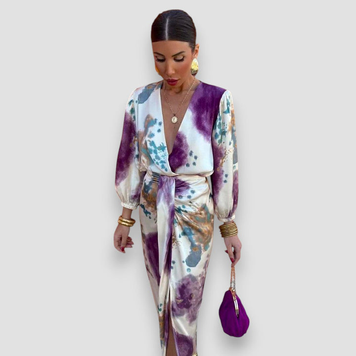 Women's Printed Wrap Midi Dress with Tie Waist
