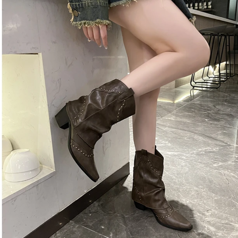 Women's Ankle Boots with Low Heel and Studded Detail