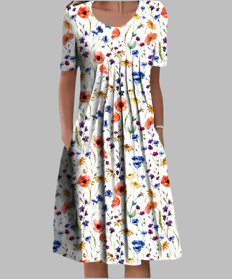 Women's Floral Printed Midi Dress with Gathered Pockets
