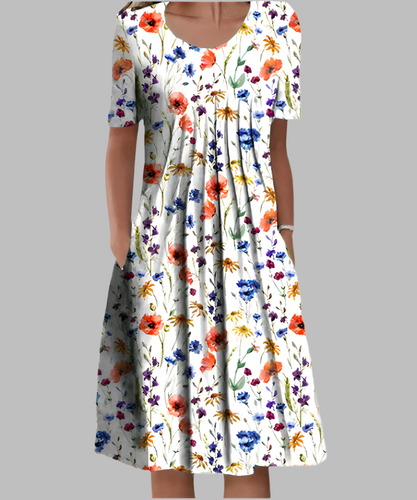Women's Floral Printed Midi Dress with Gathered Pockets